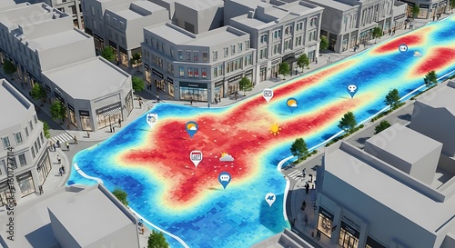 Urban heat map visualization of pedestrian traffic flow in a city center.