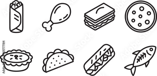 Black and White Food Icons Featuring Shawarma, Fried Chicken, Sandwich, Pizza, Pie, Taco, Submarine Sandwich, and Fish