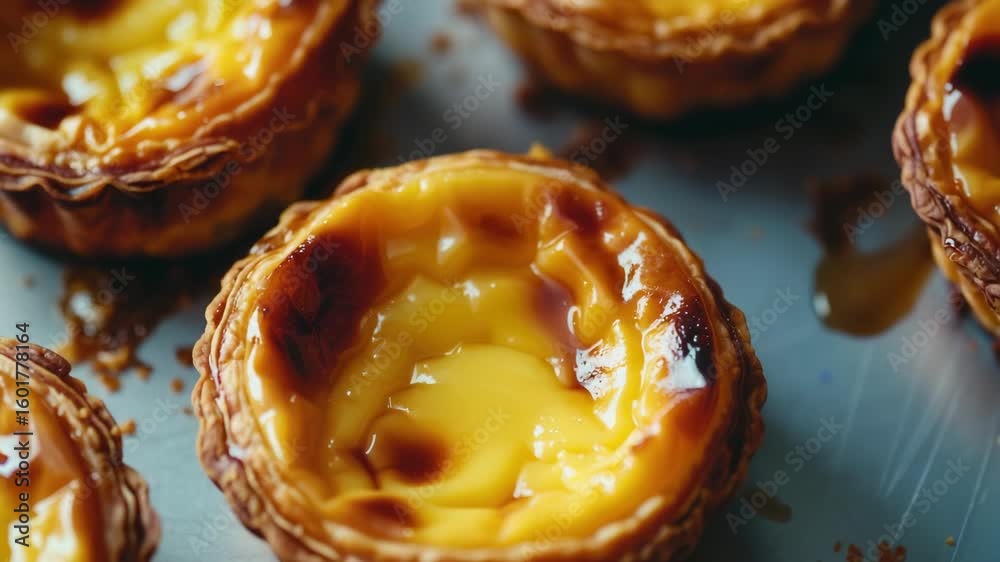 Close-up of several pastel de nata, a Portuguese egg tart with a creamy yellow filling topped with caramelized honey.