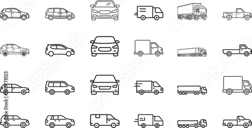 Car Icon, Delivery Van, Transport Truck, Pickup Vehicle, Automotive Fleet – Line Vector Set for Navigation, Logistics & Rental Apps Mobile