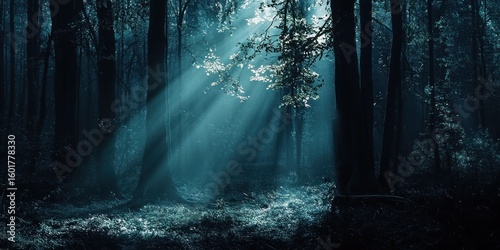 Fototapeta Naklejka Na Ścianę i Meble -  A dreamlike environment where soft light reveals hidden faces within a dark forest