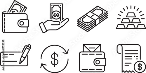 Financial Icons Collection Depicting Money and Transactions Represented with Wallets Gold Bars and Payment Methods in Modern Black and White Line Art