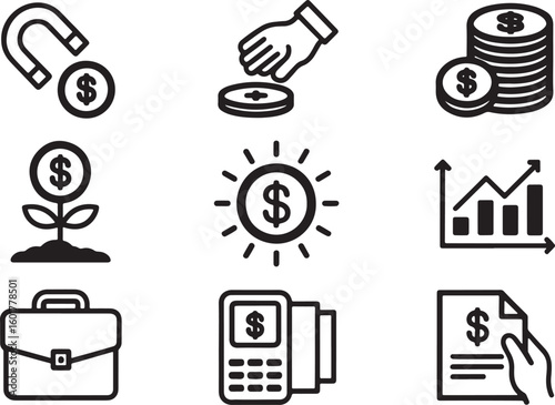Financial Icons Illustrating Investment Growth Magnetism and Banking Representing Business Success and Monetary Concepts in a Simple Style