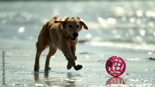 Golden Retriever puppy playfully chases a pink ball along a sun-drenched beach.