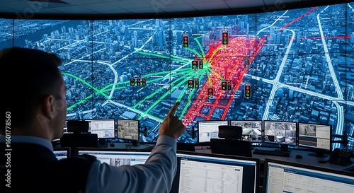 A city traffic manager monitors and interacts with a large interactive map displaying real-time traffic flow and incidents.