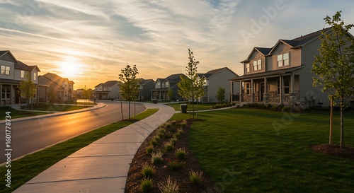 A street view of a new construction neighborhood with larger landscaped homes and houses with yards and sidewalks taken near sunset with copy space