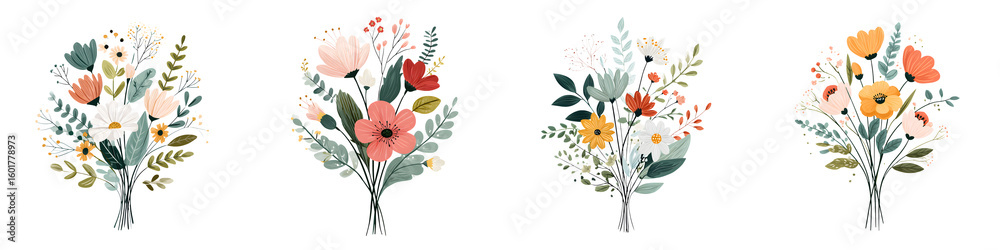 Obraz premium Four Cute Floral Bouquets Isolated on White Background
