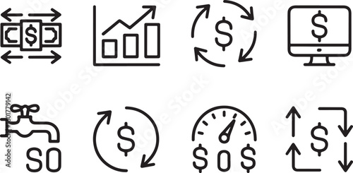 Financial Concept Icons Illustrating Various Economic Themes Including Growth, Money Flow, Online Finance, and Resource Management Portrayed with Dollar Symbols