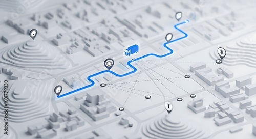 Fototapeta Naklejka Na Ścianę i Meble -  A blue truck follows a winding route on a stylized city map with location pins.