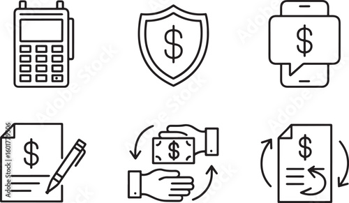 Financial Security and Transactions Icons Depicting Mobile Payments, Secure Investments, Contracts and Transfers in a Simple Design