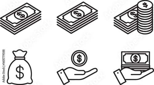Line Art Depiction of Money and Financial Concepts Stacks of Bills Moneybag and Hand with Currency Icons