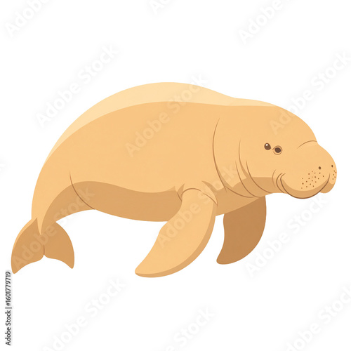 Flat vector of a soft beige dugong swimming in side profile, cute and calm marine mammal.