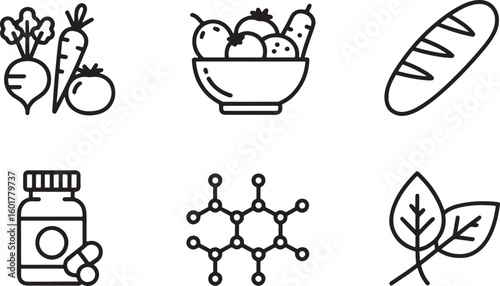 Wholesome Food and Supplements Icons Representing Healthy Lifestyle Choices and Scientific Pursuit of Wellness in a Simple Line Art