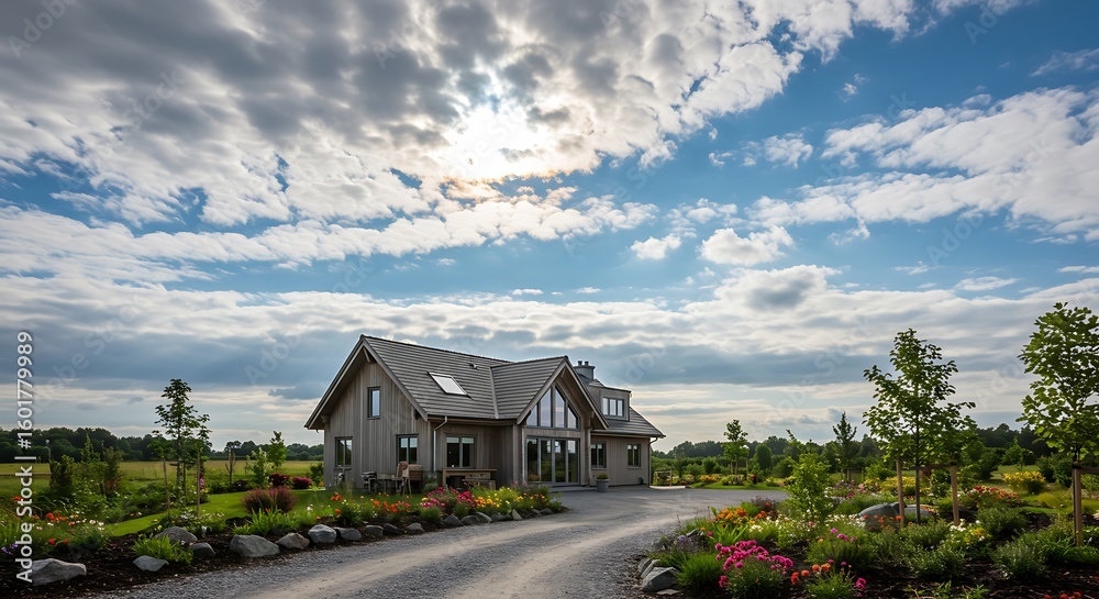 Obraz premium A new home with a garden in a rural area under beautiful sky