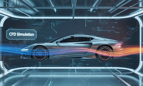 A futuristic silver sports car undergoing a computational fluid dynamics simulation.
