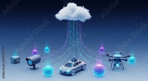 Cloud computing illustration with connected devices like a car, drone, and security camera, all linked by data streams.