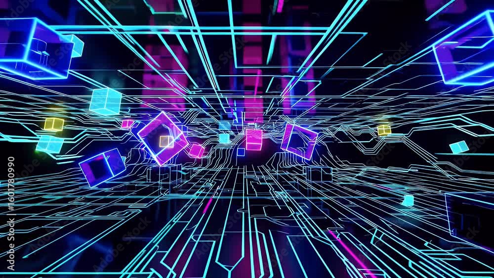 Depict blockchain complexity through four K digital landscape pulsating cubes atop wireframe wave emerald nodes flickering to illustrate crypto mining big data orchestration fintech
