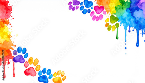 Watercolor rainbow paw prints in corner with bold paint drops and white space.