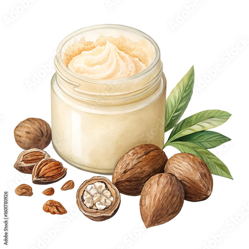 Watercolor Shea Butter Jar with Nuts and Leaves on transparent background
