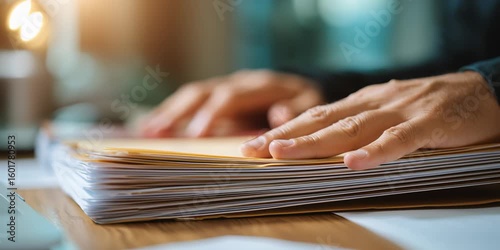 Organizing Documents on Desk for Business Finance Hands On Paperwork Review in Office Setting for Debt Reduction Plan