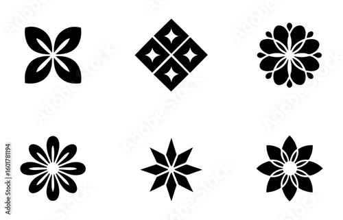Floral and Geometric Icon Set – Decorative Flower Symbols in Black and White.