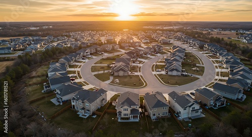 Aerial sunset view of curving contemporary American neighborhood street with newly constructed single family homes in the East Coast United States