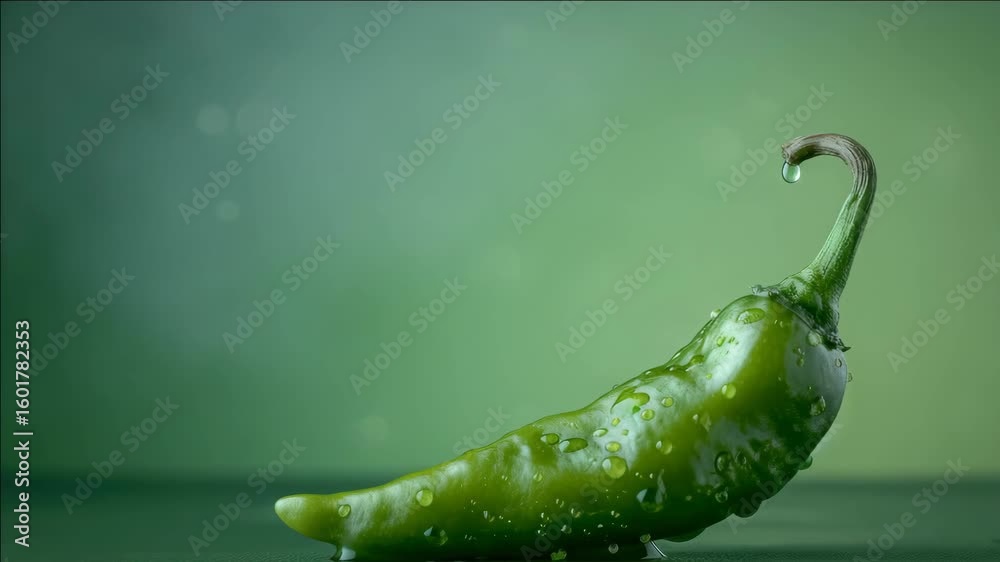 A fresh green chili pepper in a drop of water, close-up macro shot with soft bokeh background.