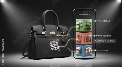 Smartphone app authenticates luxury handbag via QR code, displaying product origin and retail information.