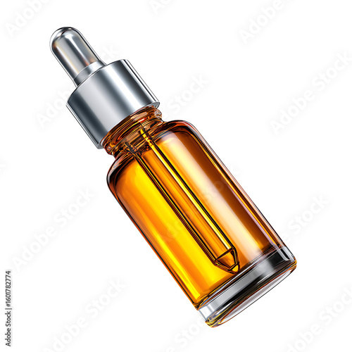 Amber liquid in glass dropper bottle with silver cap 1