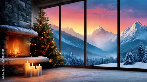 Cozy Winter Scene with Fireplace, Christmas Tree, Snowy Mountain, and Sunset View