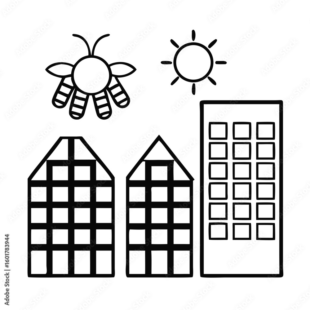 Fototapeta premium Rooftop With Solar Panels and Bee Illustration in a Urban Setting
