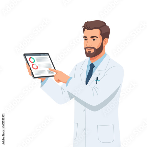 Bearded doctor in white coat presenting medical data on a tablet, concept for healthcare analytics, digital patient records and telemedicine solutions.