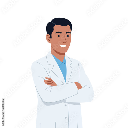 Smiling medical professional in a lab coat with arms crossed, concept for healthcare promotion, pharmaceutical advertising and clinic branding. Confident and friendly doctor stands ready to assist