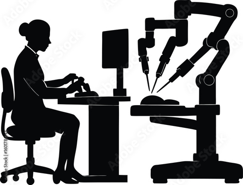 Silhouette of a surgeon controlling robotic surgical arms performing a medical procedure at a hospital operating table illustration