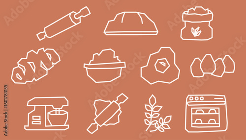 Minimal White Line Baking Elements Icon Set in Cutout Style