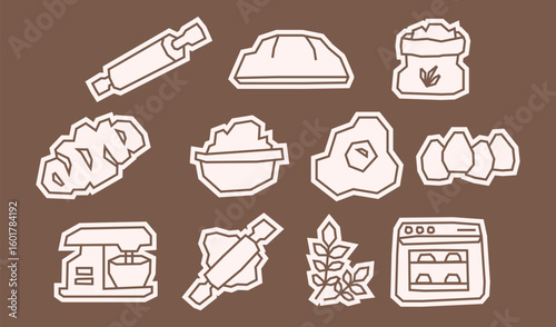 White Filled Baking Elements Icon Set in Cutout Style