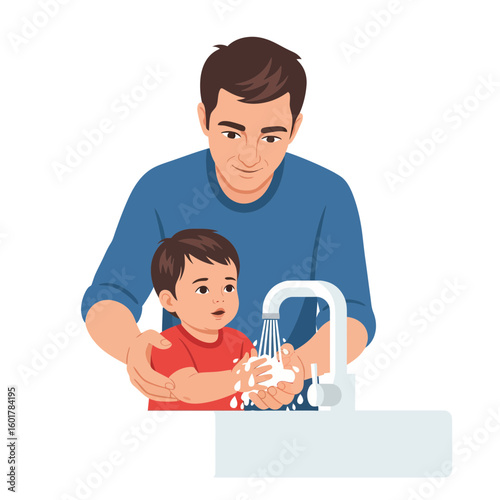 Dad washes toddler's hands under running tap water with soap bubbles, concept for hygiene promotion, health awareness, and childcare illustration.