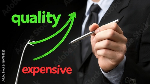 Quadro su tela A businessman in a suit holds a pen, illustrating the concept that quality often correlates with expense in a visually engaging manner with vibrant text and arrows