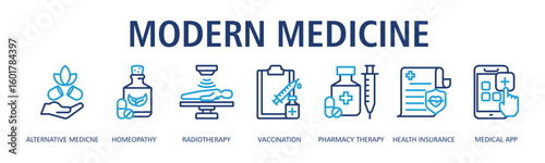 Modern Medicine Web Banner Outline Dualtone icon vector illustration concept with icon of alternative medicine, homeopathy, radiotherapy, vaccination, pharmacy therapy, health insurance, medical app