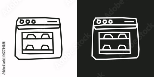 Oven Icon in Black Line Art and White Line Art Cutout Style