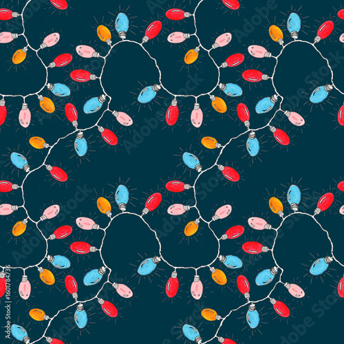 Wallpaper Mural Seamless Christmas pattern featuring watercolor garlands with red, blue, orange and pink glowing bulbs on a dark blue background. Ideal for seasonal packaging, holiday decor and festive textile  Torontodigital.ca