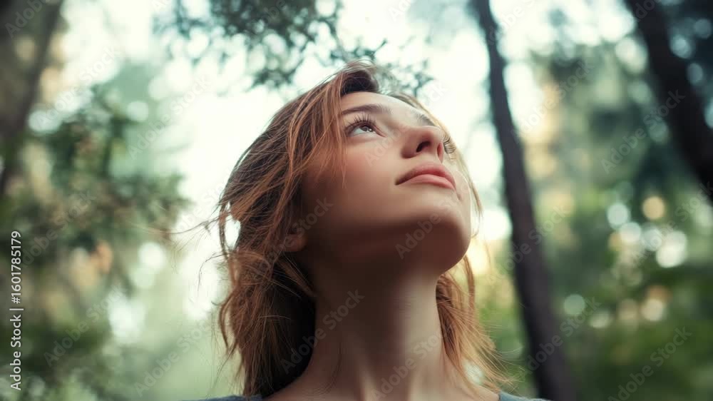 A woman gazing at the sky through a forest canopy. A woman gazing at the sky through a forest canopy.