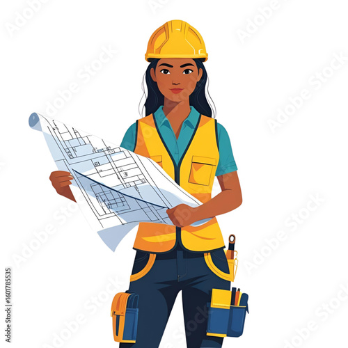 Female Construction Worker Holding Blueprint – Vector Illustration