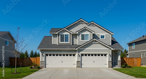 Grey house exterior with two garage spaces on a blue sky background. Northwest, USA