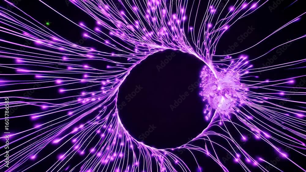 Inject cosmic drama using high energy four K burst where violet particles rocket from centre screen scattering luminous trails black to craft powerful intros sci fi titles motion graphic