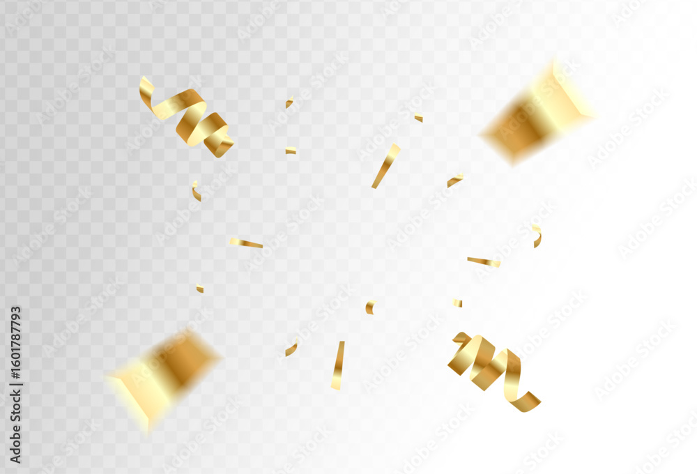 Fototapeta premium Lots of falling golden confetti with ribbons falling on a celebration party background. Vector soft. eps 10 