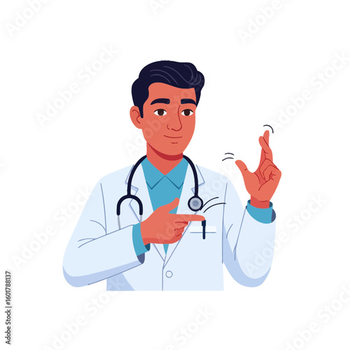 Illustration of a smiling male doctor holding something small between his fingers wearing a stethoscope, concept for medical consultation, healthcare advertising and promoting wellness programs for