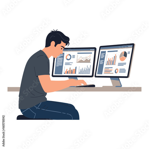 Male financial analyst sits at desk viewing two monitors with data charts and graphs, concept for stock market analysis, investment strategy and business reporting.