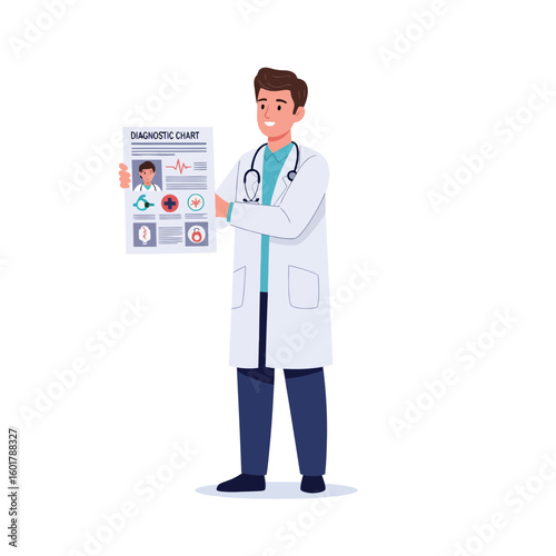 Male doctor in white coat holding diagnostic chart with patient information, concept for medical consultation, healthcare diagnosis and hospital presentation.