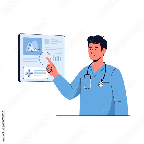 Male nurse interacting with digital medical records display presenting health data and vital signs, concept for telehealth interface, patient monitoring system and clinical data analysis software.